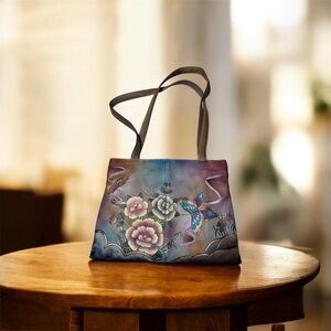 Anuschka Hand Painted Leather Shoulder/Tote Bag Floral Butterfly Art Purse